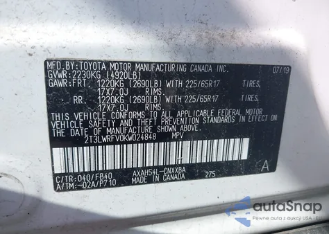 2019 Toyota Rav4 Hybrid Le from USA, damaged, VIN 2T3LWRFV0KW024848